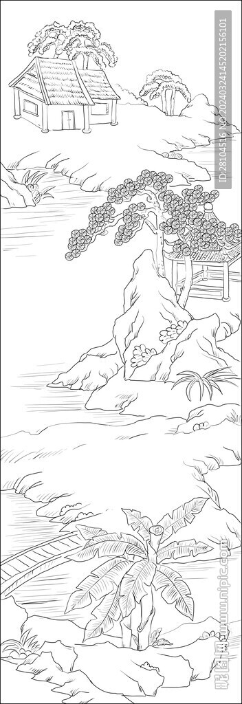 白描古建图 
