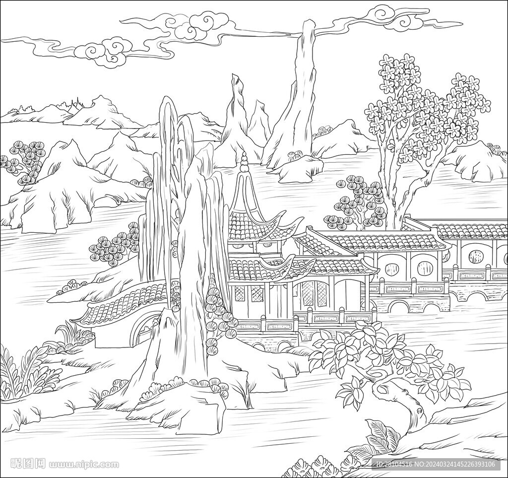 白描古建图