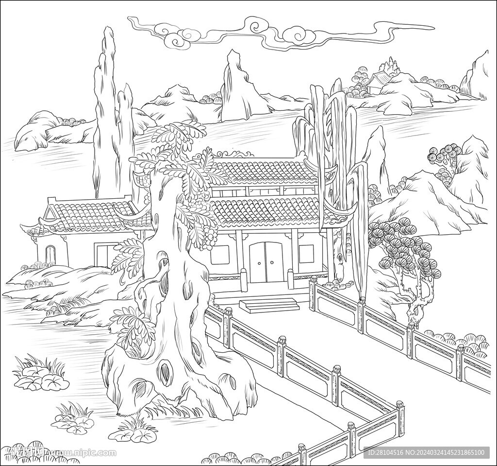 白描古建图