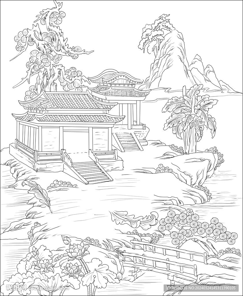 白描古建图 