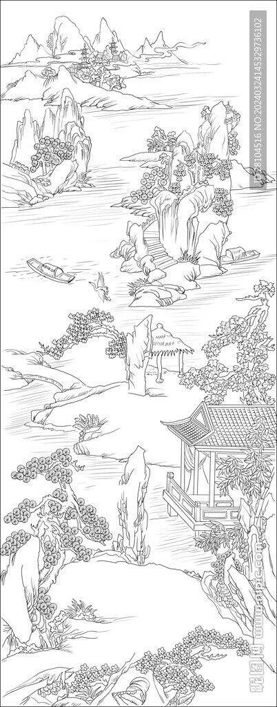 白描古建图 