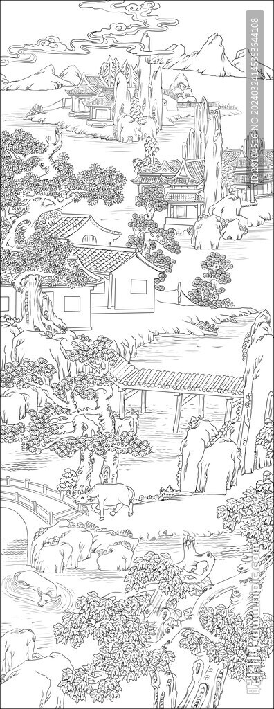 白描古建图 