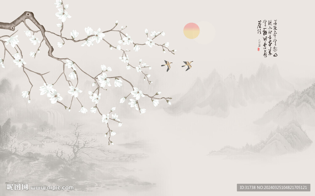 新中式手绘花鸟画背景墙