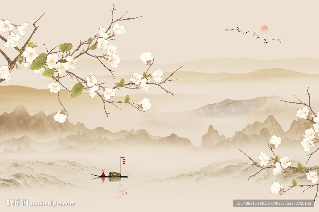 中式山水花鸟背景墙