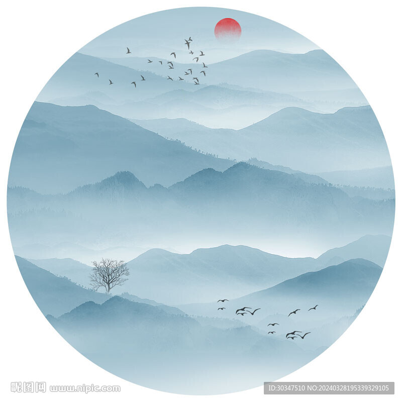 圆形山水画装饰画