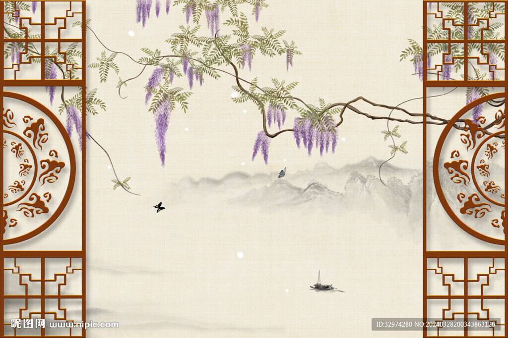 中式屏风花鸟图