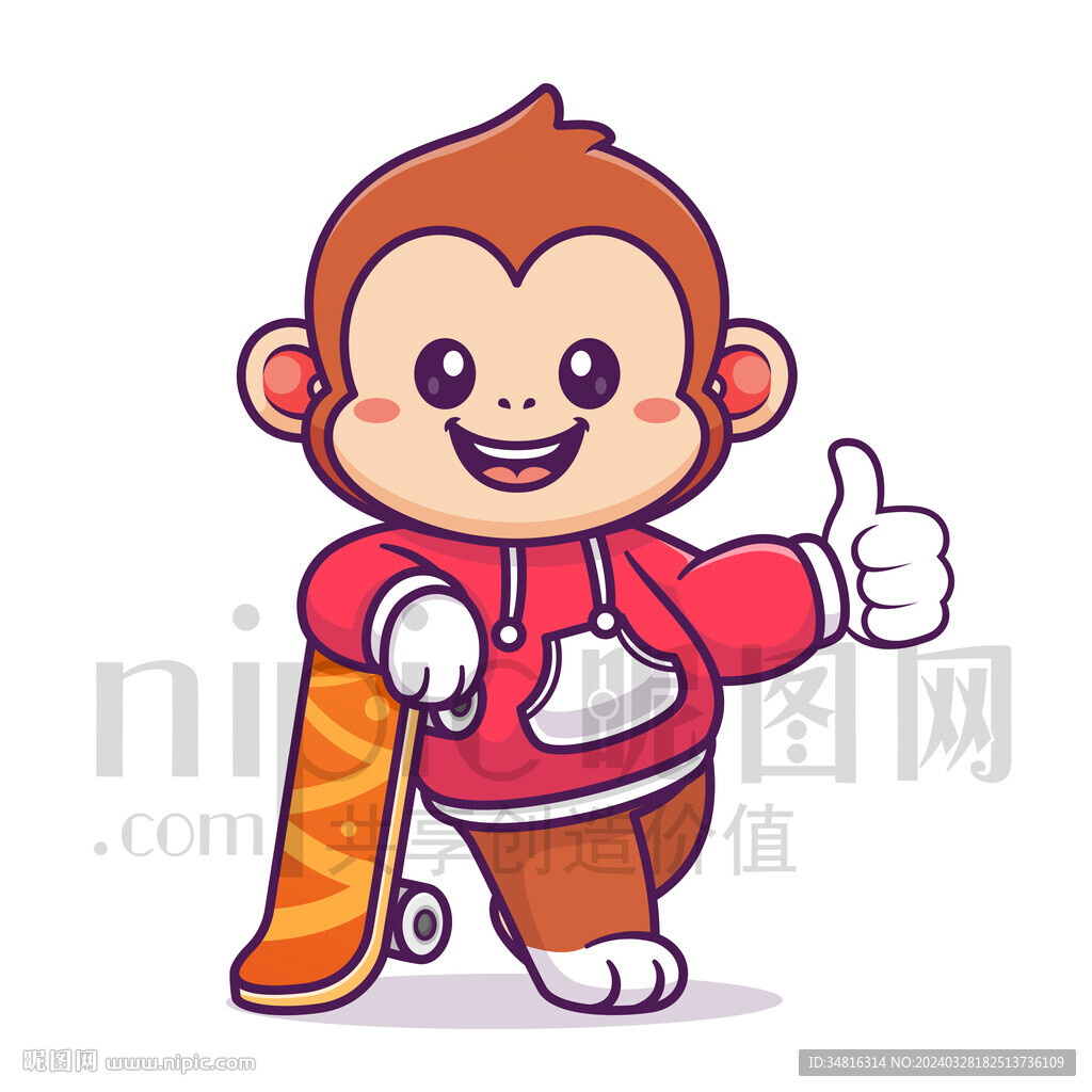 可爱卡通玩滑板的猴子