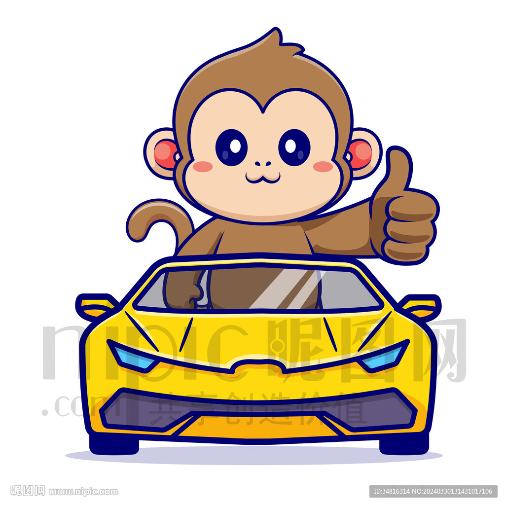 可爱卡通坐汽车的猴子