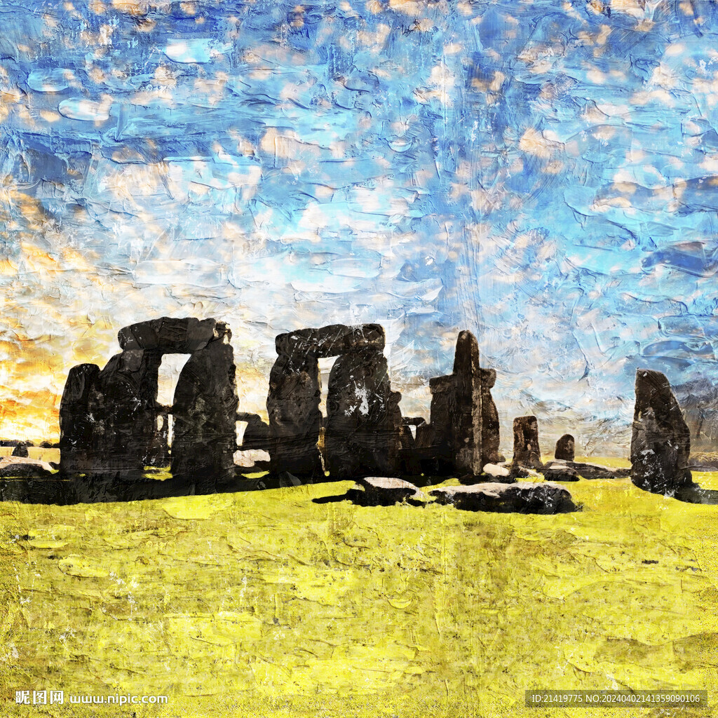 世界名胜古迹英国巨石阵油画效果