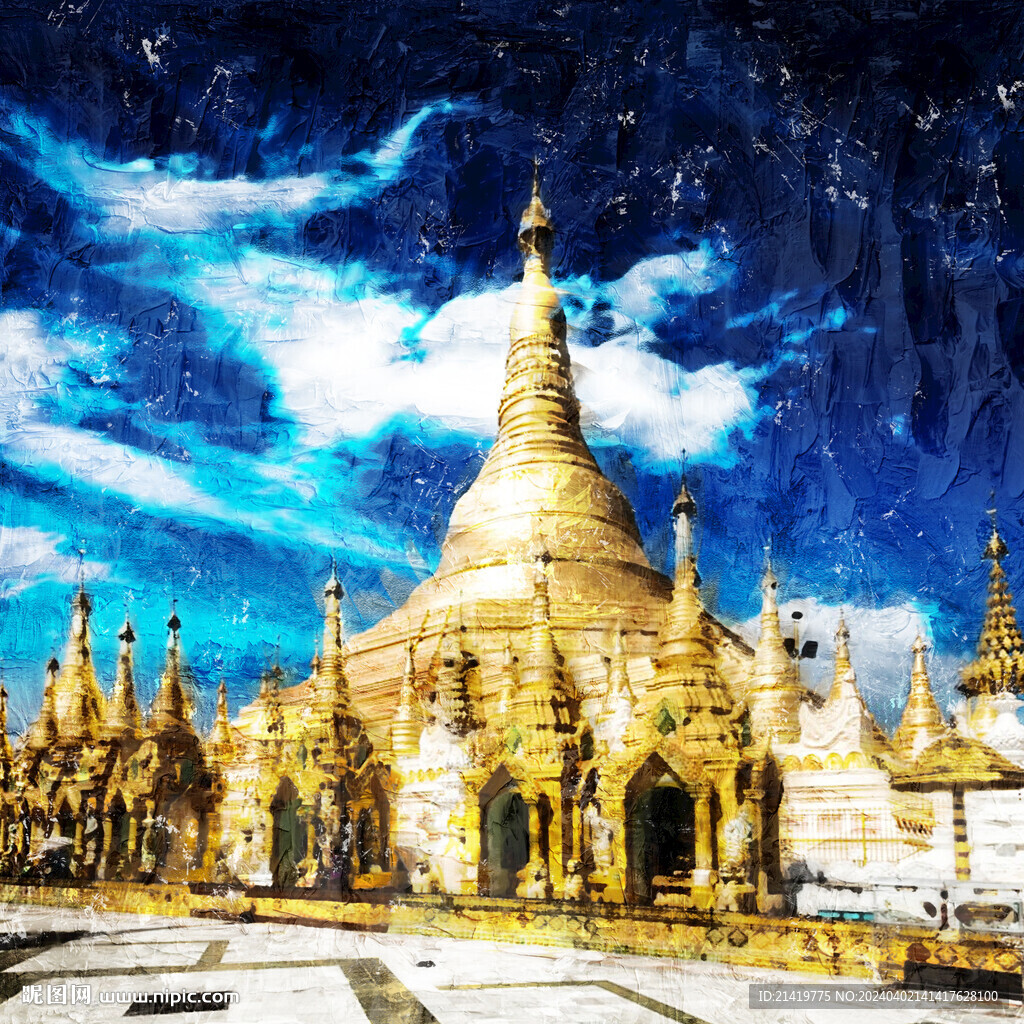 世界名胜古迹仰光大金塔油画效果