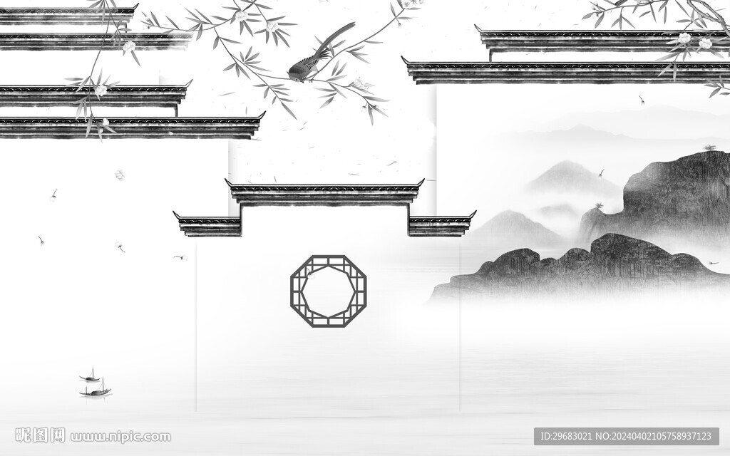 现代 灰色山水墙画 TIf分层