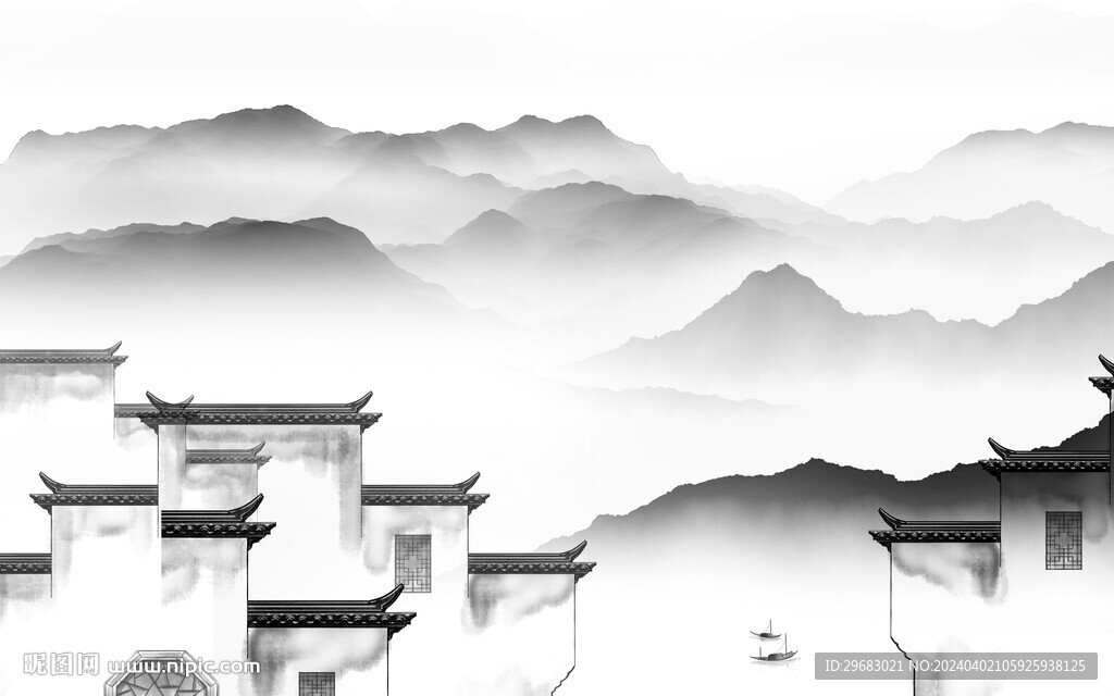 高雅 灰色山水墙画 TIf分层