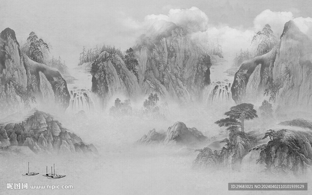 人气 灰色山水墙画 TIf分层