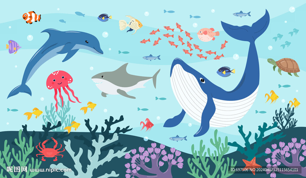 卡通鲸鱼海底动物海豚珊瑚背景墙