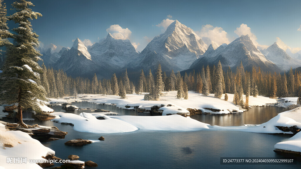 手绘雪松山水风景油画