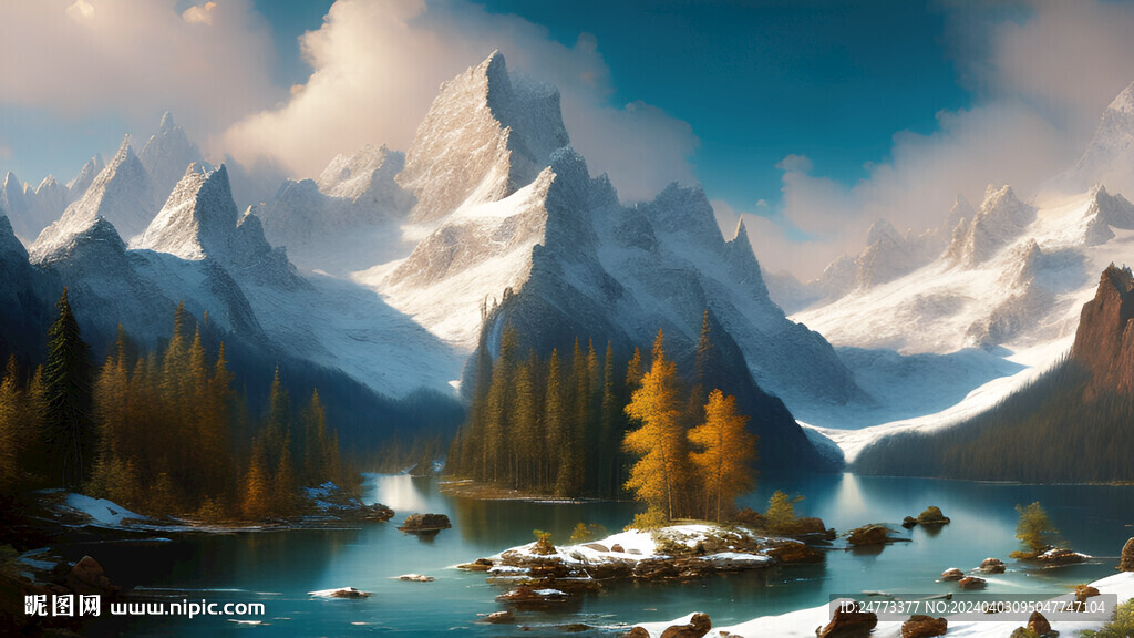 手绘雪山油画风景