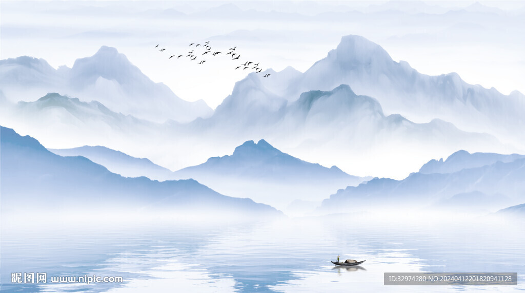 新中式蓝色山水风景