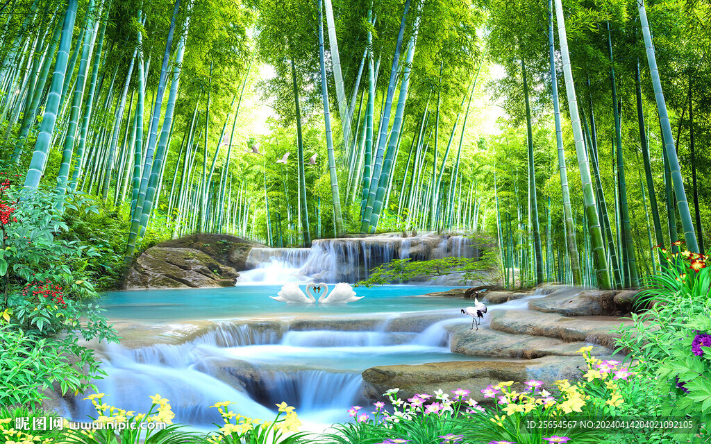 竹林流水生财电视背景墙