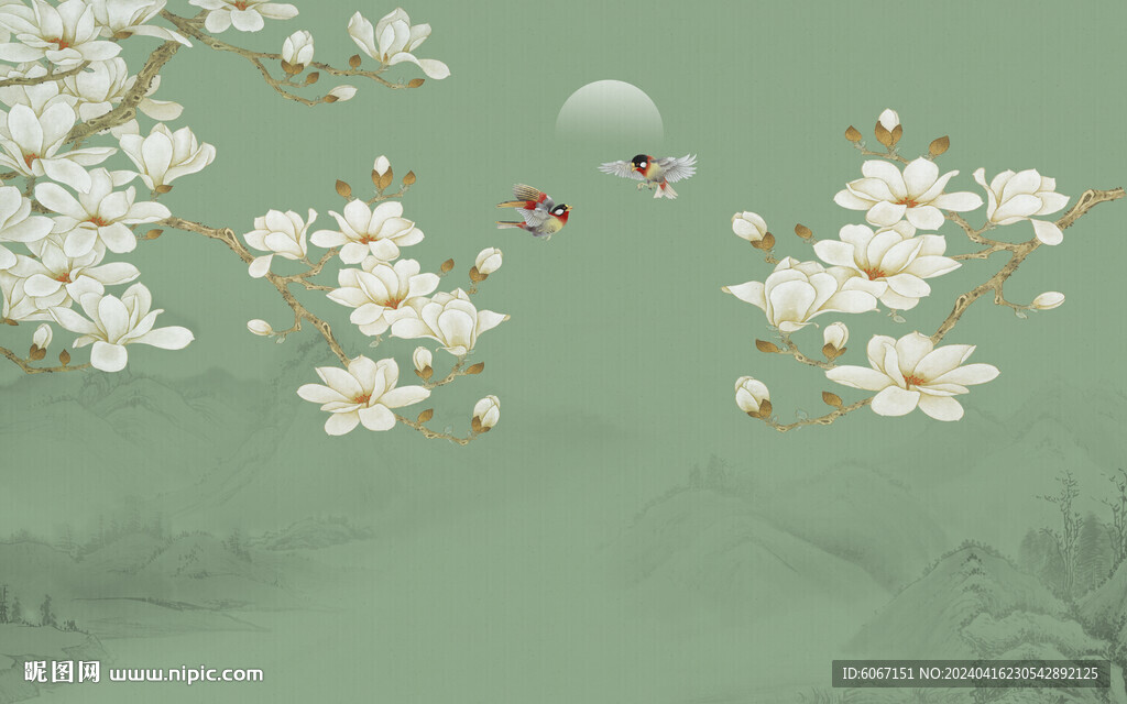 新中式山水玉兰花鸟画背景墙