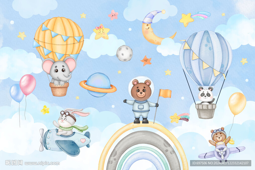 卡通天空可爱动物飞行员气球背景
