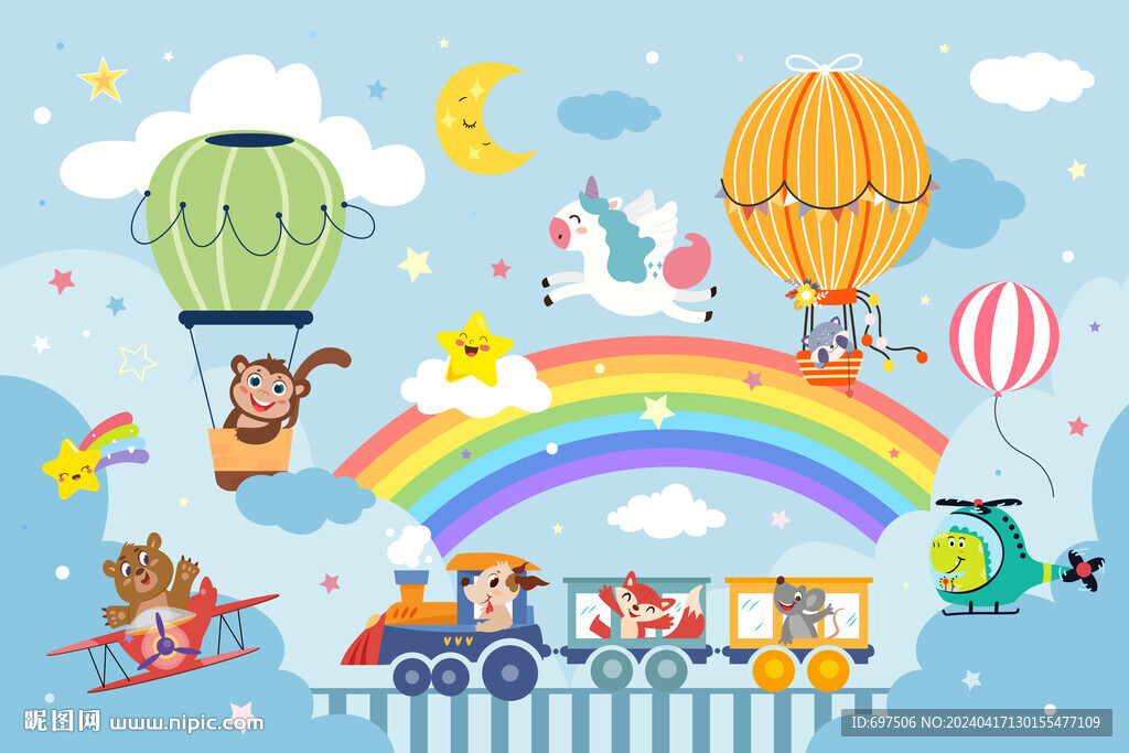 可爱动物小火车卡通彩虹气球背景