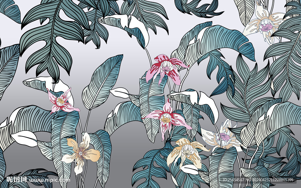 热带植物森林花卉电视背景墙壁画