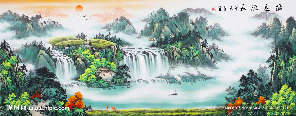 瀑布水墨山水画
