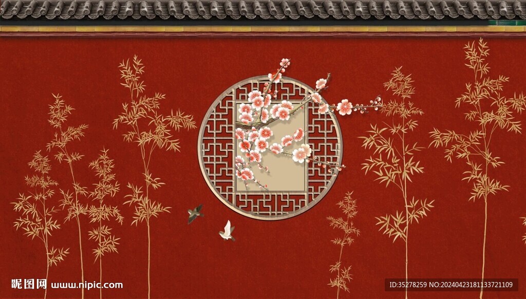 中式竹子花鸟红墙背景