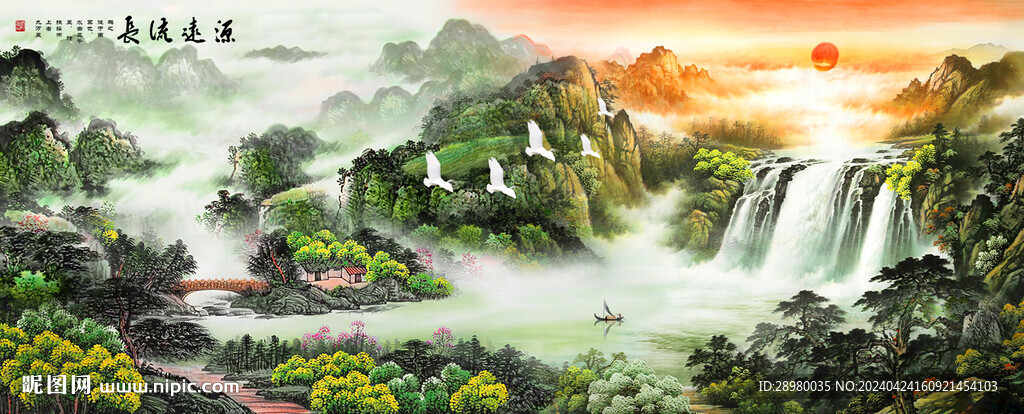 瀑布国画山水画