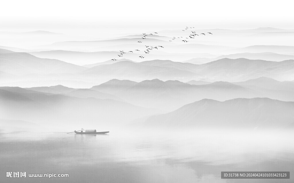 新中式水墨山水画背景墙挂画壁纸