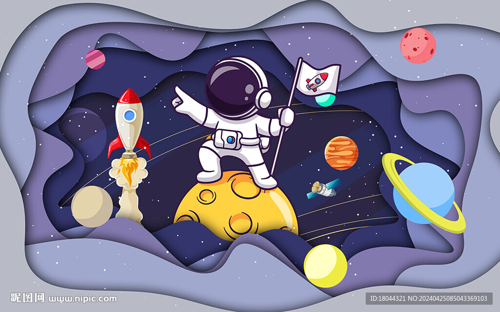 卡通宇航员3D太空儿童房背景墙