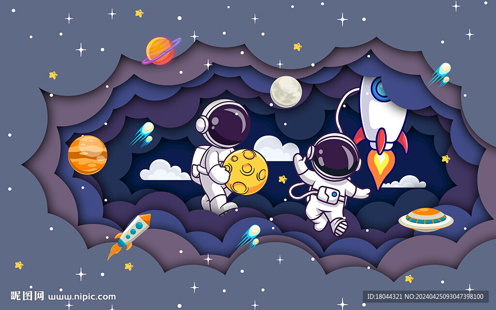 卡通宇宙太空人儿童房背景墙