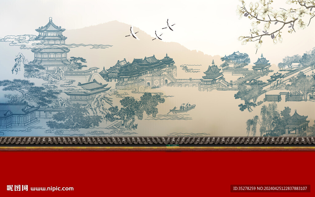新中式花鸟手绘建筑背景墙