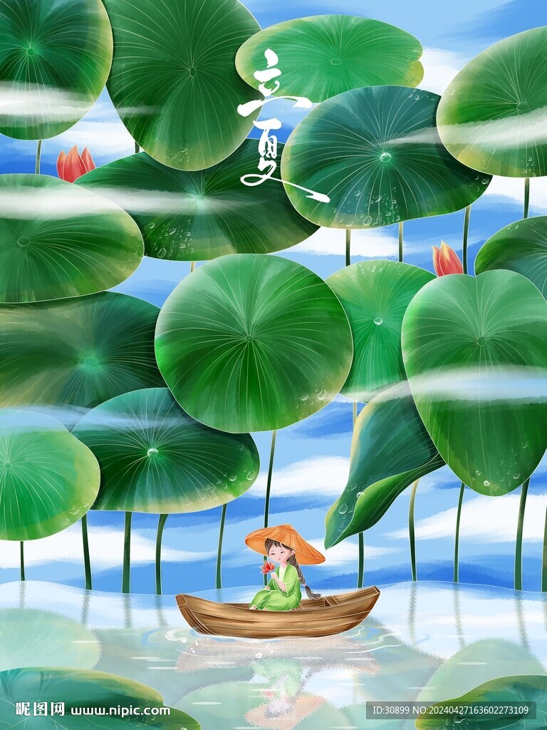 手绘荷塘月色荷小船立夏节气插画