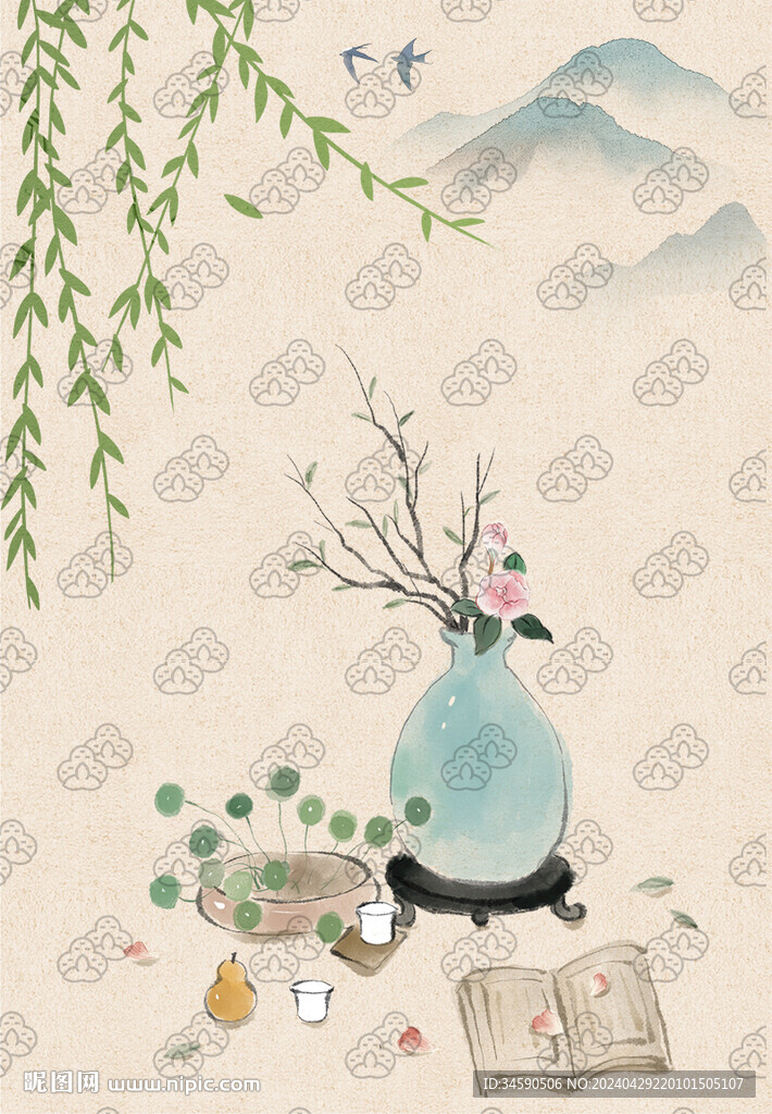古风中国风花瓶柳叶插画壁纸