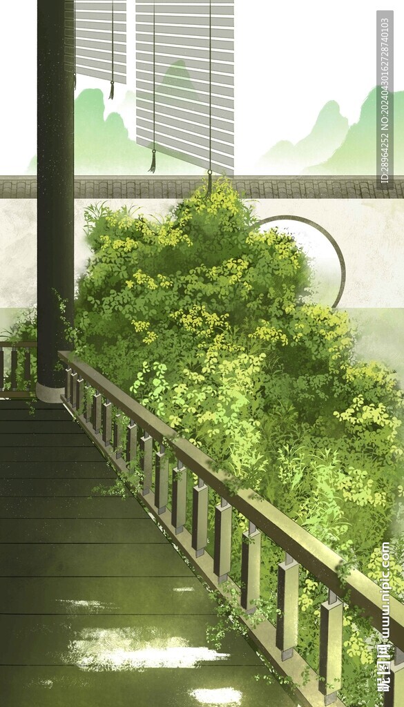 重阳节古风庭院走廊话草丛