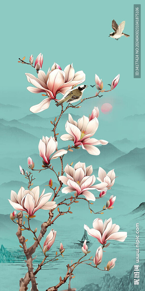 中式玉兰花工笔花鸟玄关装饰画