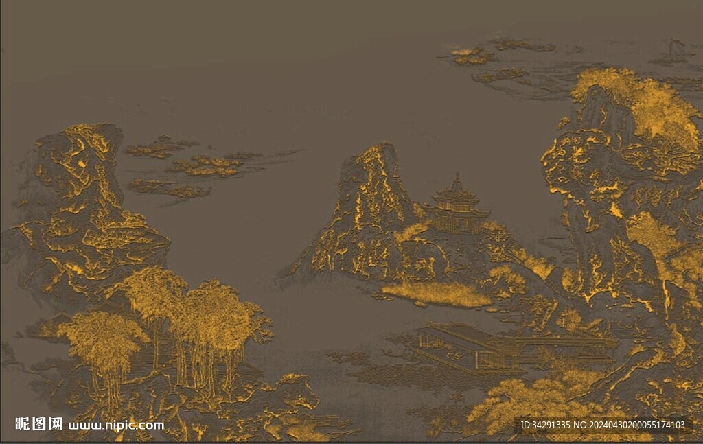原创新中式国画山水建筑线描背景