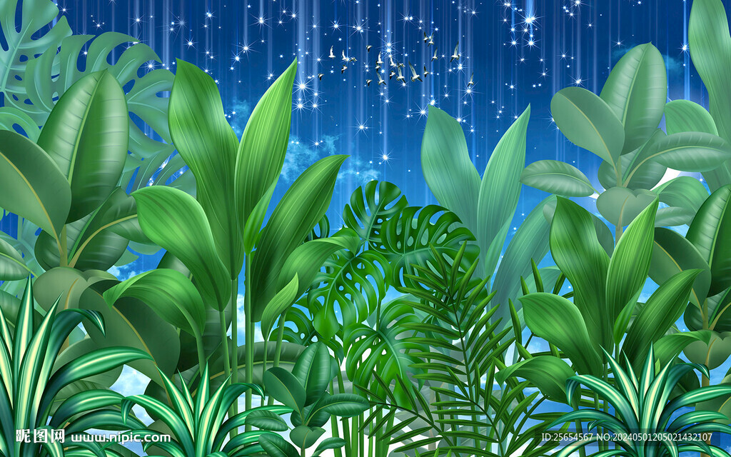 梦幻绿色热带植物背景墙