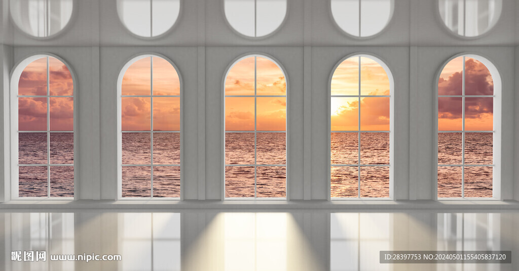 3d阳台夕阳海景背景墙