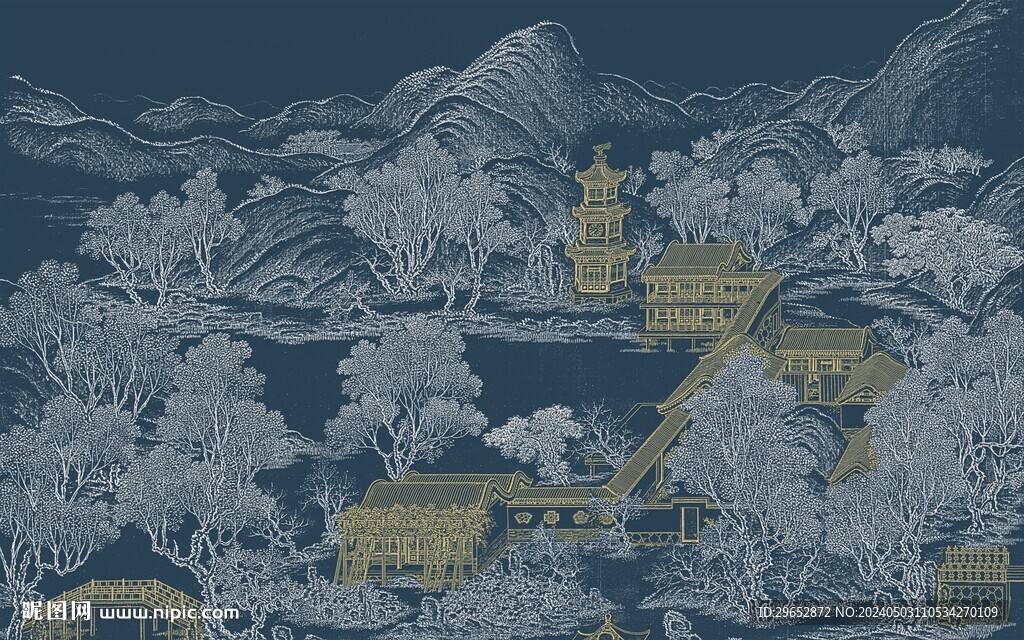 新中式手绘山水古建筑背景墙