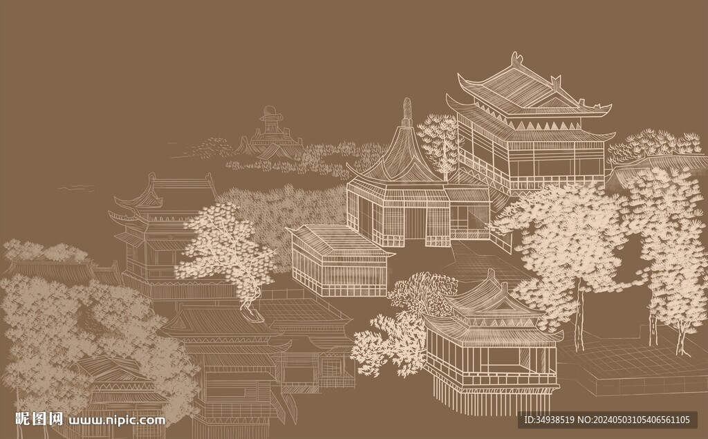 新中式手绘素描阁楼