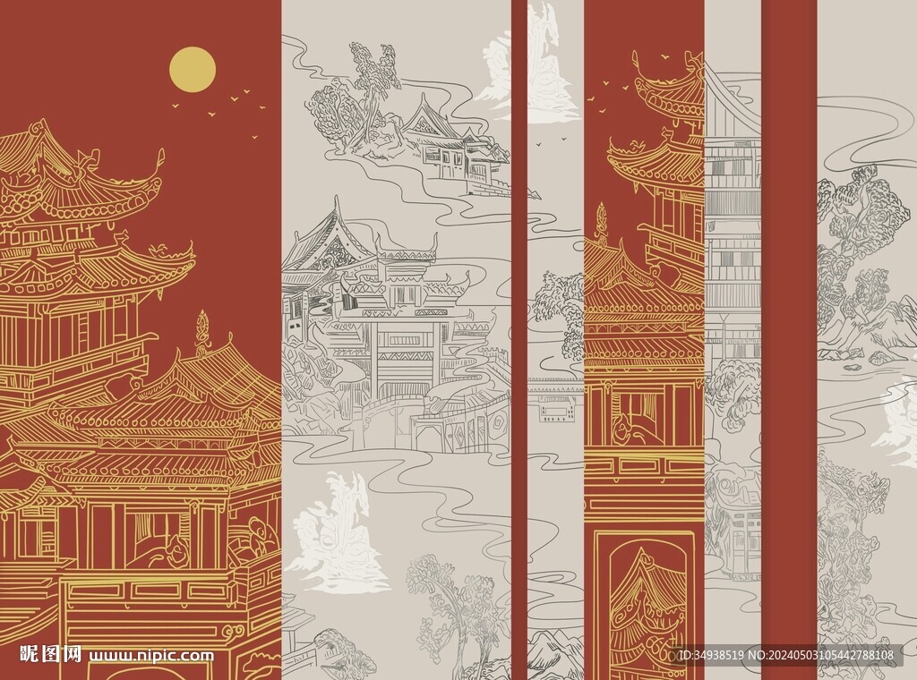 手绘亭台阁楼