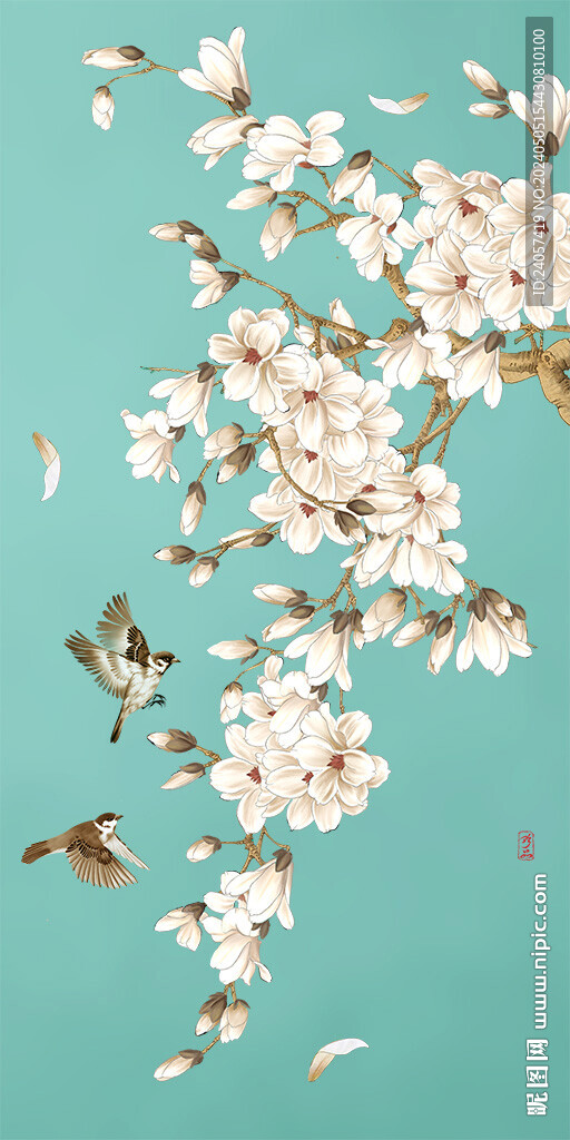 新中式玉兰花工笔花鸟玄关装饰画