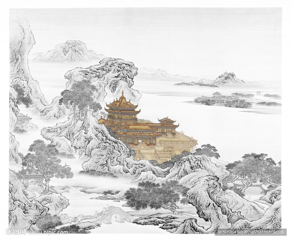  九成宫图中国风水墨装饰画二创
