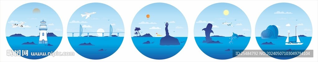 珠海地标蓝天白云插画涂鸦设计图