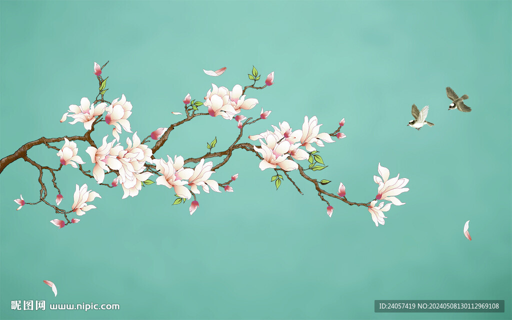 新中式玉兰工笔花鸟背景墙装饰画