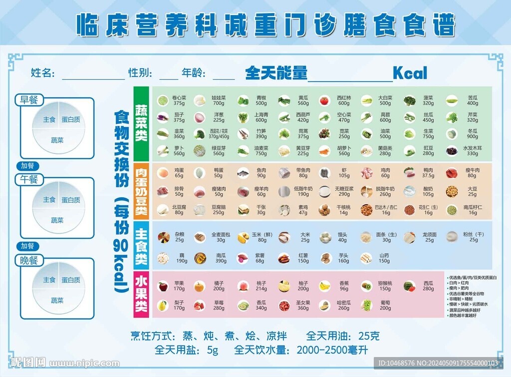 减重门诊食谱营养每日食谱