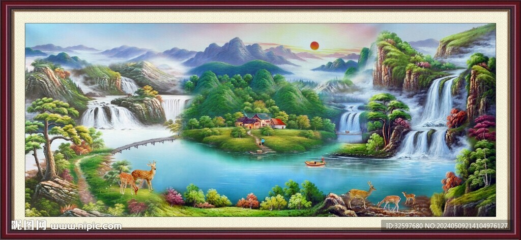 流水生财山水挂画