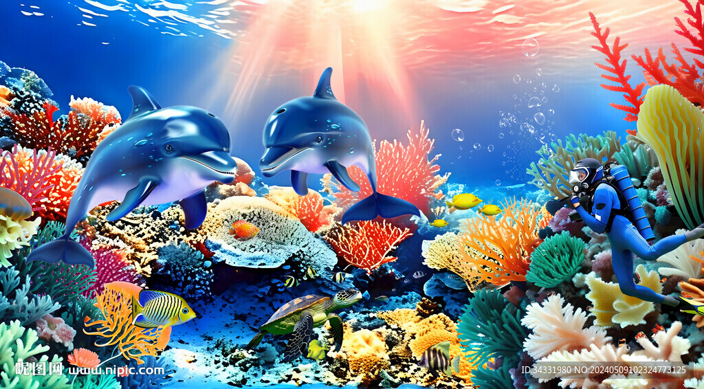 梦幻海底世界卡通鲨鱼珊瑚背景墙